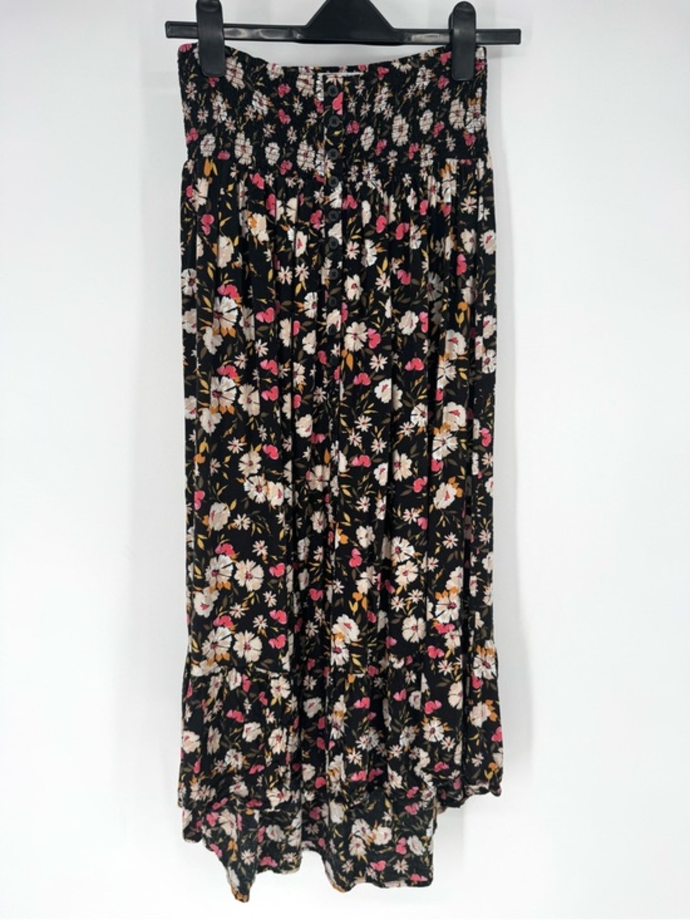 Patrons of Peace Black Maxi Skirt with Pink, White & Tan Floral Pattern